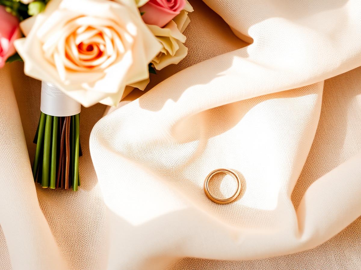 Ramo de novia y anillos sobre tela de lino con luz suave