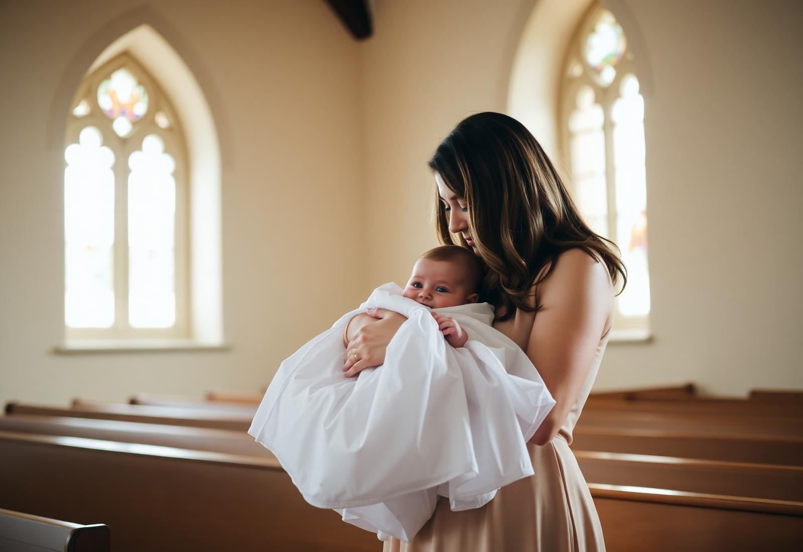 Madre sosteniendo a su bebé con ropón blanco dentro de una iglesia con luz suave