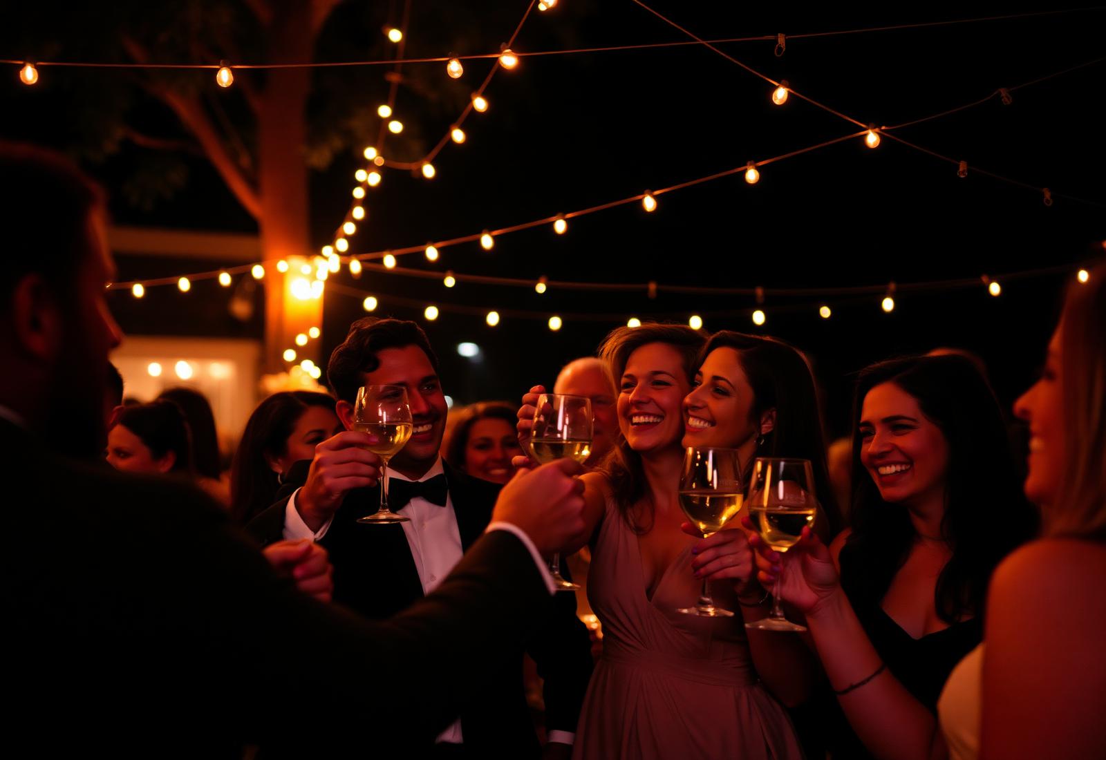 Invitados brindando y riendo durante una celebración nocturna con luces cálidas