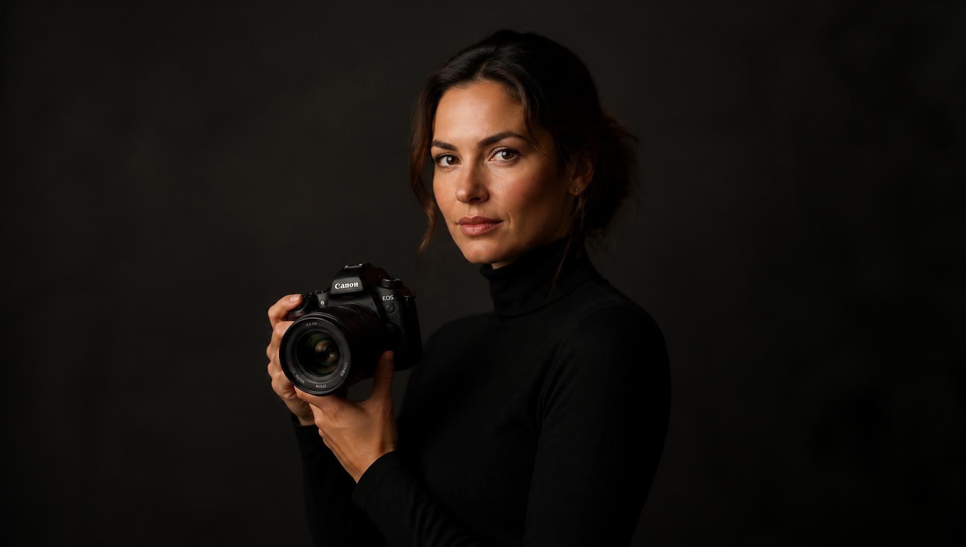 Thalía, fotógrafa profesional, sosteniendo su cámara en estudio